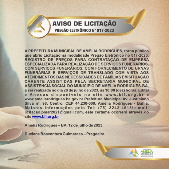 AVISO DE LICITAÇÃO PREGÃO ELETRÔNICO N º 017-2023