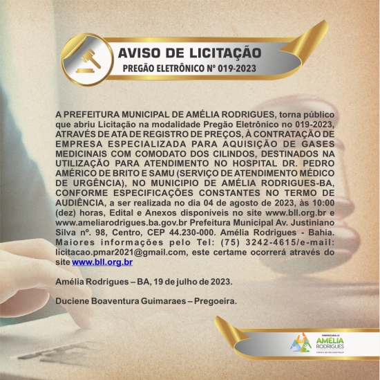 AVISO DE PREGÃO ELETRÔNICO Nº 019-2023