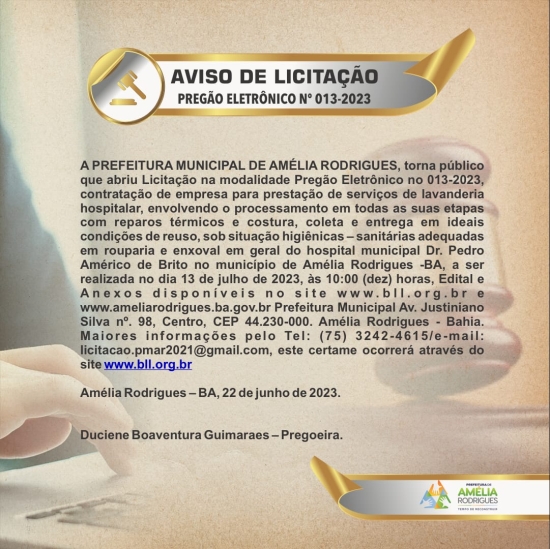 AVISO DE LICITAÇÃO PREGÃO ELETRÔNICO N º 013-2023