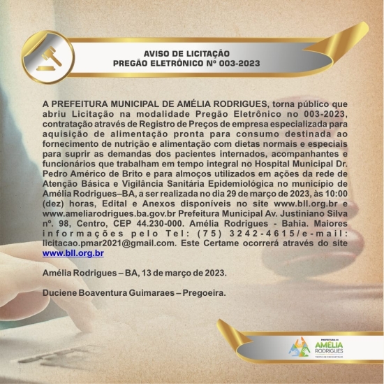 AVISO DE LICITAÇÃO PREGÃO ELETRÔNICO N º 003-2023