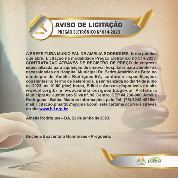 AVISO DE LICITAÇÃO PREGÃO ELETRÔNICO N º 014-2023