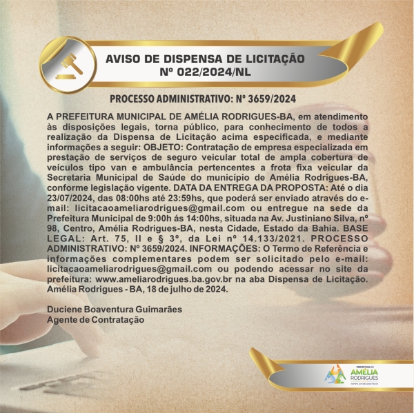 AVISO DE DISPENSA DE LICITAÇÃO Nº 022-2024-NL