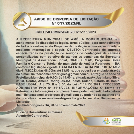 AVISO DE DISPENSA DE LICITAÇÃO Nº 017-2023-NL
