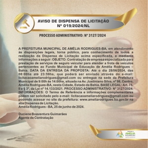 AVISO DE DISPENSA DE LICITAÇÃO Nº 019-2024