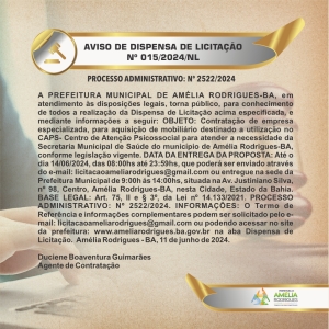 AVISO DE DISPENSA DE LICITAÇÃO Nº 015-2024-NL