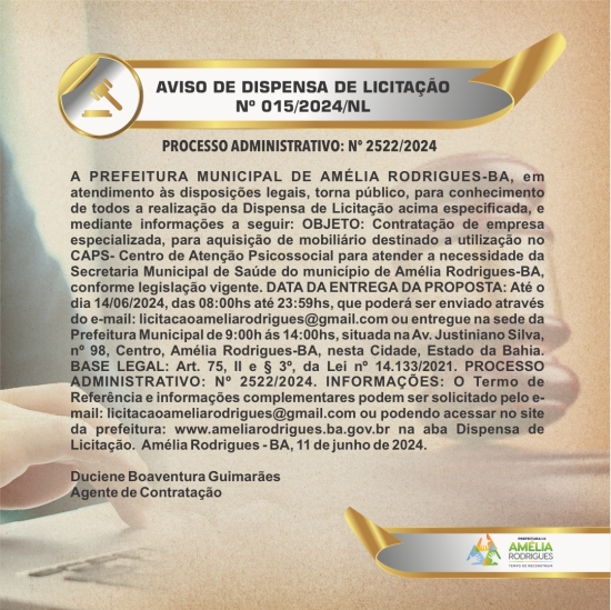 AVISO DE DISPENSA DE LICITAÇÃO Nº 015-2024-NL