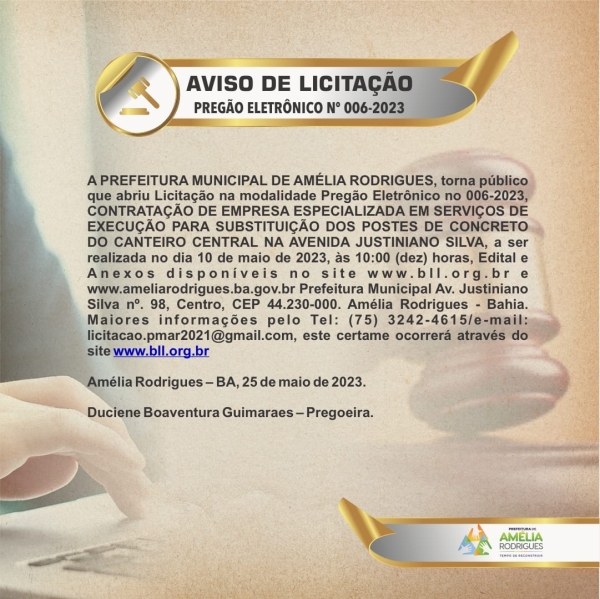 AVISO DE LICITAÇÃO PREGÃO ELETRÔNICO N º 006-2023