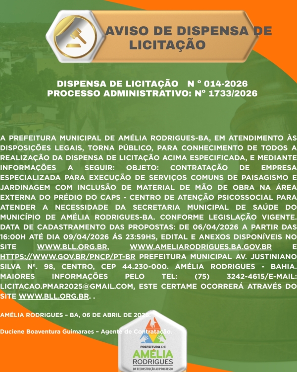 AVISO DE DISPENSA DE LICITAÇÃO Nº 014-2026