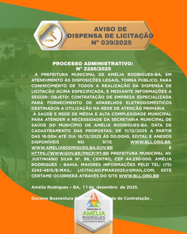 AVISO DE DISPENSA DE LICITAÇÃO Nº 039-2025