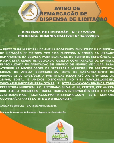 AVISO DE REMARCAÇÃO DE DISPENSA DE LICITAÇÃO Nº 012-2026