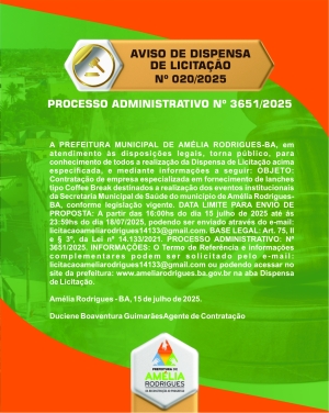AVISO DE DISPENSA DE LICITAÇÃO Nº 020-2025