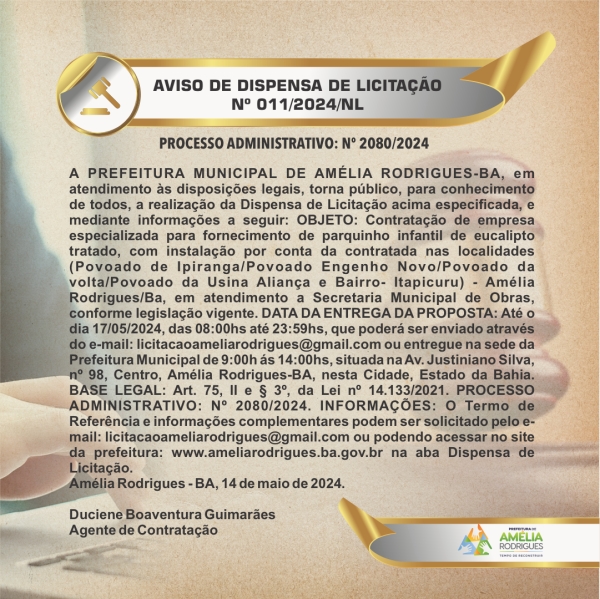 AVISO DE DISPENSA DE LICITAÇÃO Nº 011-2024-NL