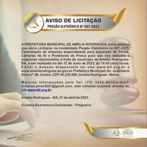 AVISO DE LICITAÇÃO PREGÃO ELETRÔNICO N º 007-2023