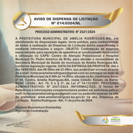 AVISO DE DISPENSA DE LICITAÇÃO Nº 014-2024-NL