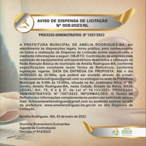 AVISO DE DISPENSA DE LICITAÇÃO Nº 008/2023/NL PROCESSO ADMINISTRATIVO: Nº 1507/2023