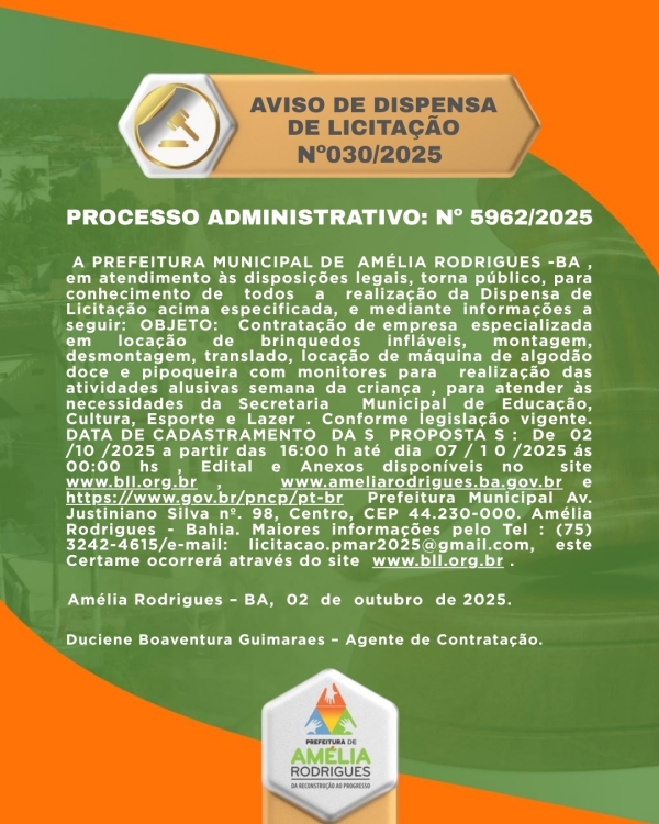 AVISO DE DISPENSA DE LICITAÇÃO Nº 030-2025