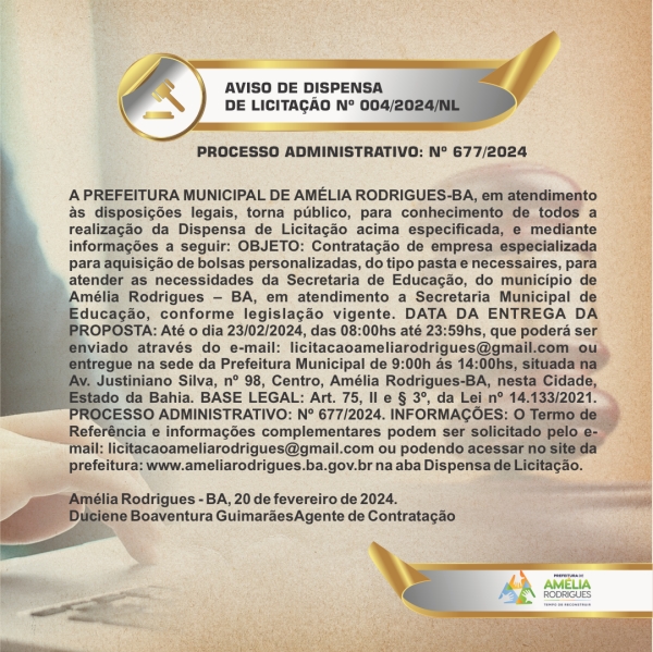 AVISO DE DISPENSA DE LICITAÇÃO Nº 004-2024-NL