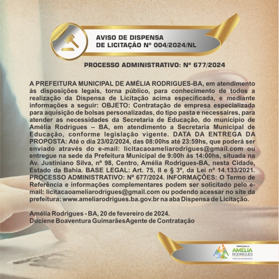 AVISO DE DISPENSA DE LICITAÇÃO Nº 004-2024-NL