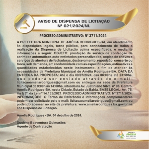 AVISO DE DISPENSA DE LICITAÇÃO Nº 021-2024-NL
