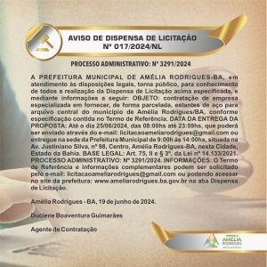 AVISO DE DISPENSA DE LICITAÇÃO Nº 017-2024-NL