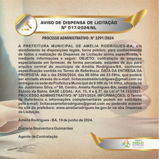 AVISO DE DISPENSA DE LICITAÇÃO Nº 017-2024-NL