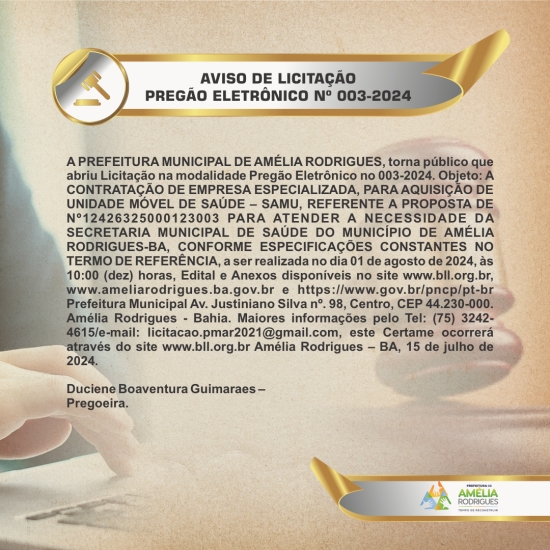 AVISO DE PREGÃO ELETRÔNICO Nº 003-2024