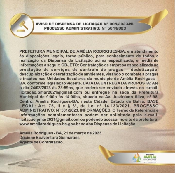 AVISO DE DISPENSA DE LICITAÇÃO Nº 005/2023/NL PROCESSO ADMINISTRATIVO: Nº 501/2023