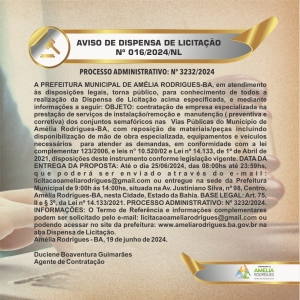 AVISO DE DISPENSA DE LICITAÇÃO Nº 016-2024
