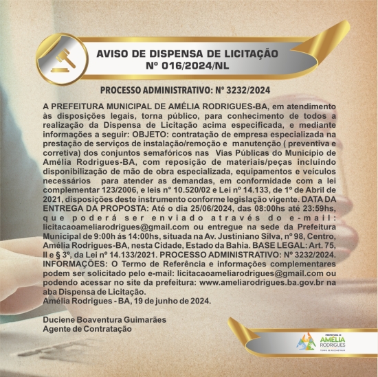 AVISO DE DISPENSA DE LICITAÇÃO Nº 016-2024