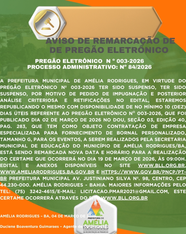 AVISO DE REMARCAÇÃO DO PREGÃO ELETRÔNICO Nº 003-2026